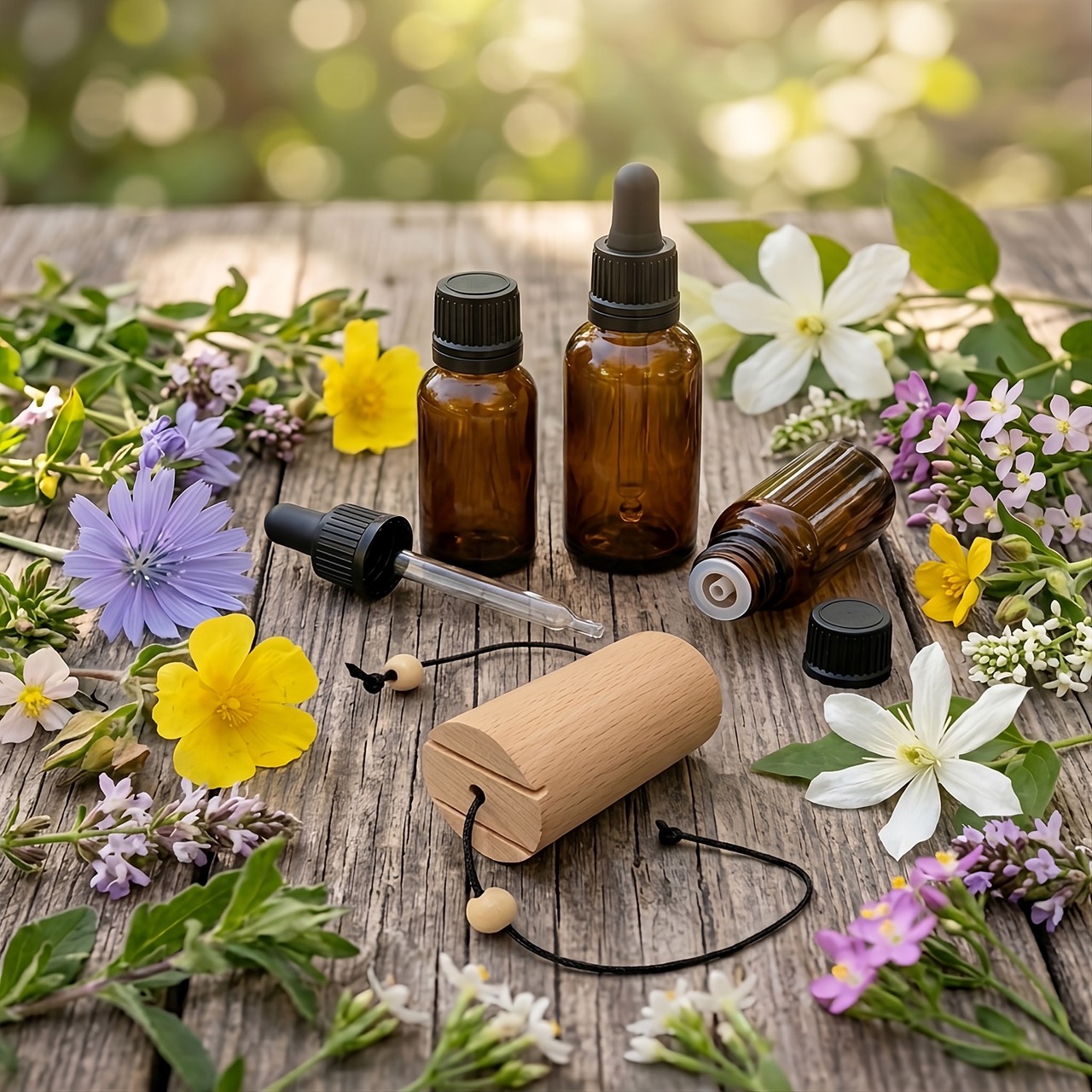 Frascos cuentagotas ámbar entre flores silvestres, para Flores de Bach