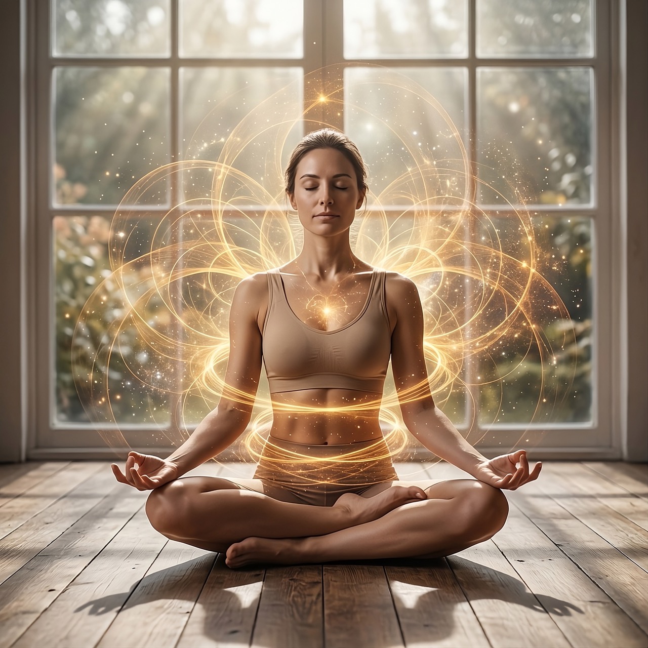 Mujer meditando con círculos de luz dorada alrededor, para energía